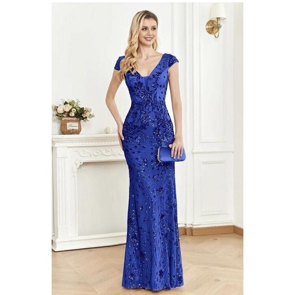 Xuibol Sequin Maxi Dress V-neck Sleeveless Formal Gown Women’s Small Royal Blue